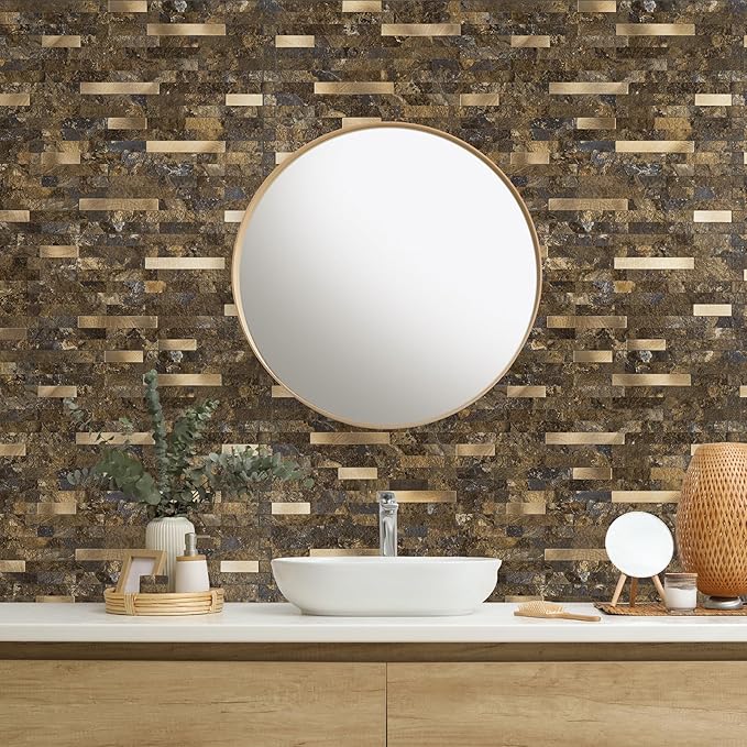 20 Sheets Peel and Stick Backsplash for Kitchen, Rust Slate with Metal Gold Look Stick on Tile Upgrade Your Kitchen Backsplash, RV, Fireplace