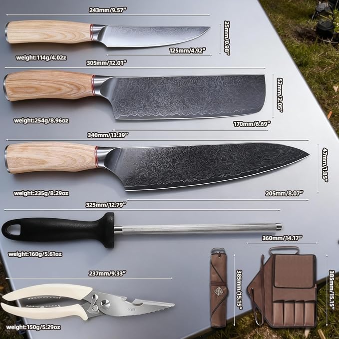 KOFERY Hand Forged Damascus Chef Knife Set with Roll Bag and Sharpener - Ideal for Culinary, Camping and BBQ(Natural-Wood Handle)