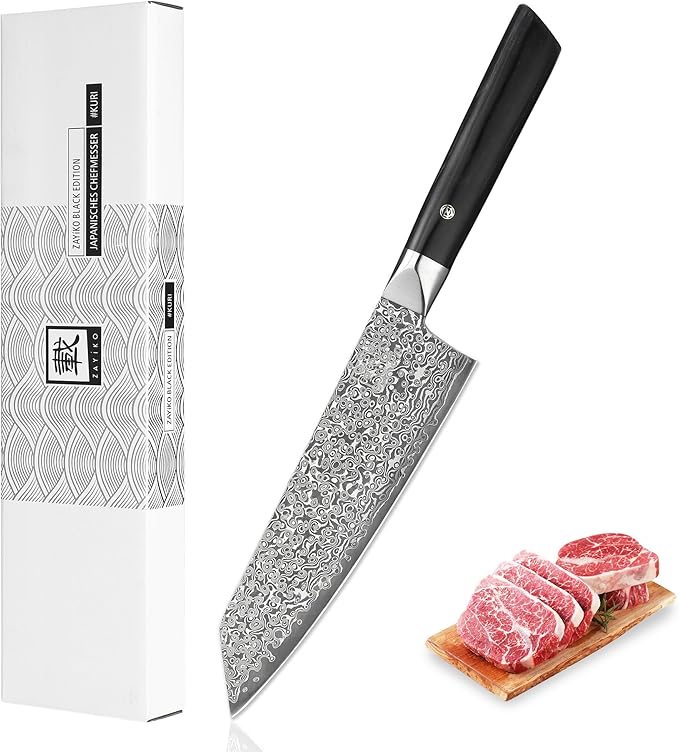zayiko Black Edition Damascus Knife Kiritsuke I 20 cm blade made of 67 layers of VG10 Damascus steel I Ergonomic Pakkawood handle I Premium Japanese chef's knife for meat, fish & vegetables I Gift box