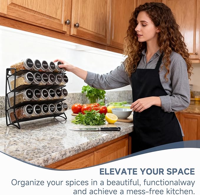 DIDITIME Spice Rack Organizer with 24 Glass Jars and 60 Spice Labels, Seasoning Organizer for Kitchen, Countertop, Cabinet, Pantry, Cupboard，Spice Organization for Cabinet， Space-Saving & Tidy