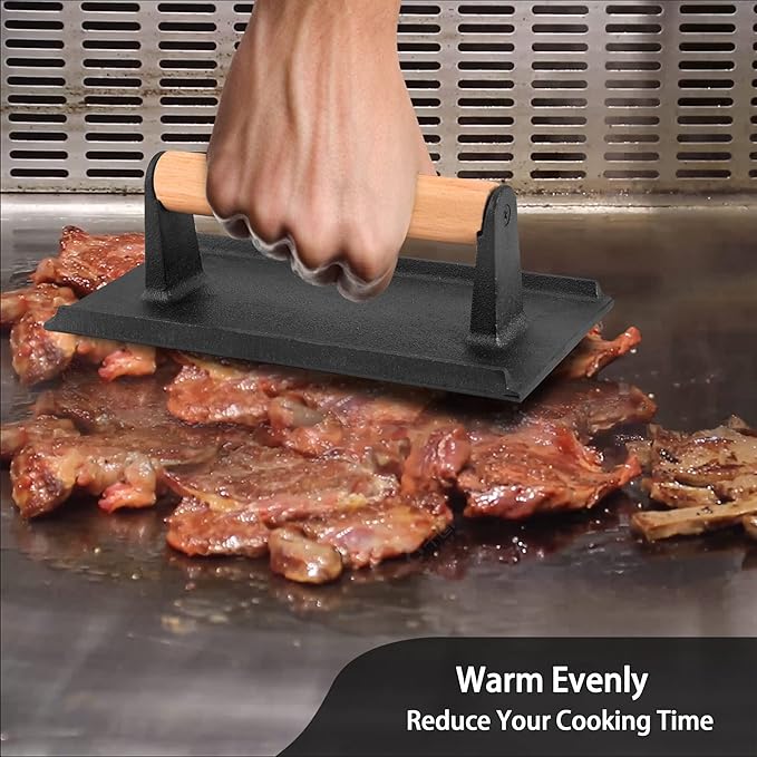 Smash Burger Press, Leonyo Cast Iron Burger Press, Heavy-Duty Hamburger Smasher Tool Griddle Accessories Kit for Cooking Bacon Steak Sandwich, Outdoor BBQ Grill - Rectangle (8.2"X4.3")