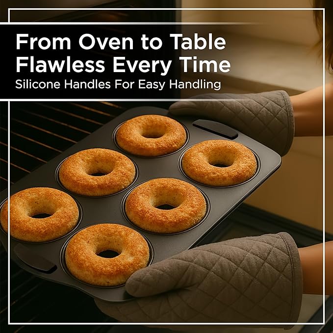 Wrenbury Donut Pan for Baking - Non-Stick Carbon Steel 6-Cup Mold with Silicone Grip Handles, PFOA Free, Easy Release, Even Heating, Oven and Dishwasher Safe, 3.5 Inch Large Cups