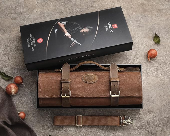 XINZUO Chef Knife Roll Bag-Professional Chef Knife Case-16oz Waxed Canvas and Crazy Horse Leather -With 12 Slots Plus 2 Zipper Pockets to Hold Kitchen Cooking Tools-Travel Tool Roll Pouch(Bag Only)