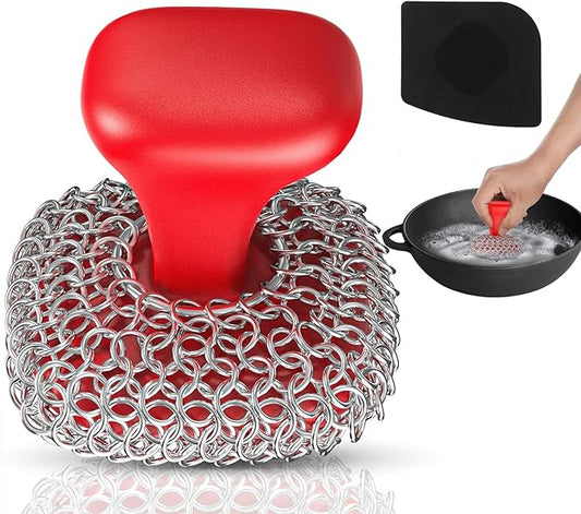 Purgreat Cast Iron Scrubber | Dish Scrub Brush | 316 Cast Iron Cleaner Chainmail Scrubber for Pan Skillet Cleaner - Dish Scouring Pad Dishwasher Safe Cleaning Kit, Red