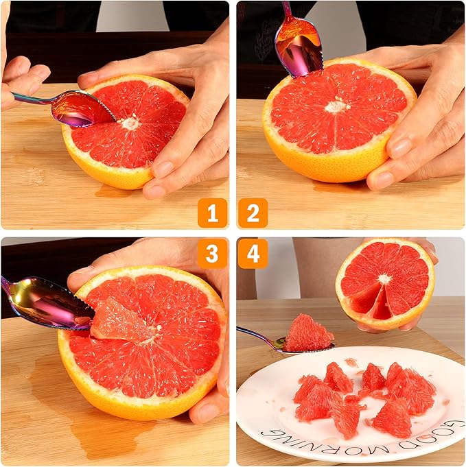 Grapefruit Spoons & Knife Set, Stainless Steel Utensils With Serrated Edge & Thick Gauge Handle, Rainbow Kitchen Tool, Non-stick Plating for Kiwi, Dessert, Apple (5 PCS)