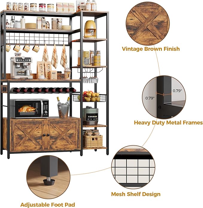IRONCK Bakers Rack with Power Outlet, 47.24 Inch Coffee Bar Cabinet, Kitchen Microwave Stand with Storage, Kitchen Shelf with Shelves, LED Light, Globlet Holder and Wine Basket, Vintage Brown
