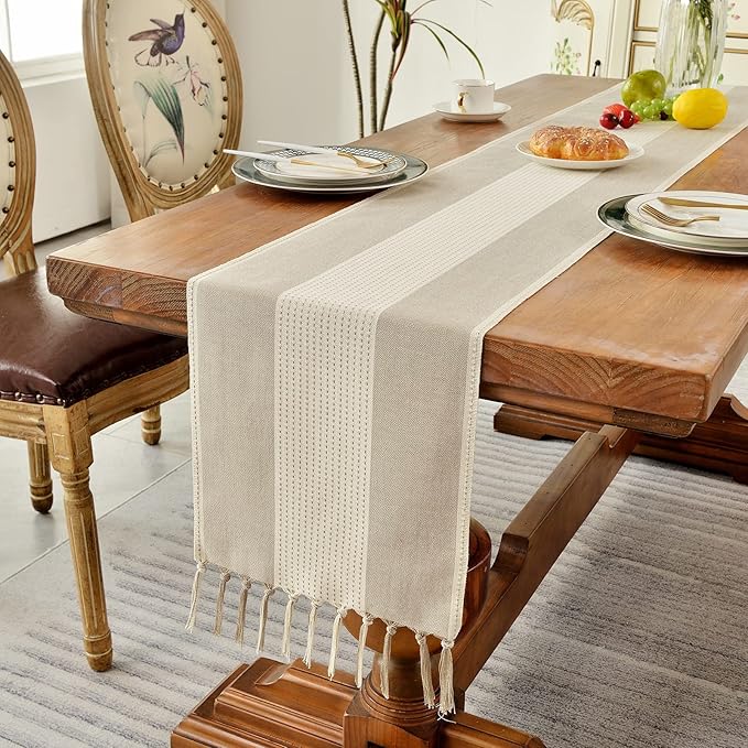Wracra Linen Table Runner, Farmhouse Macrame Table Runners 48 Inches Long for Dining Table Decor, Wedding, Party and Dresser Decor (Light Coffee,48")