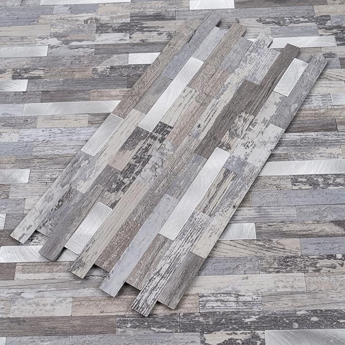 2 Sheets Peel and Stick Backsplash, Distressed Wood with Metal Silver Self Adhesive Wall Tiles Upgrade Your Kitchen Backsplash, RV, Fireplace