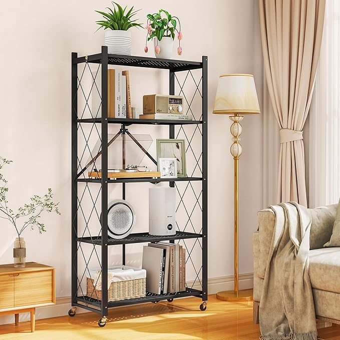 5-Tier Folding Metal Storage Rack - 63" Heavy-Duty Steel Frame with Wheels, No Assembly Utility Organizer, Rolling Shelving Unit for Kitchen, Garage, Pantry, Bedroom (Black, 5 Tier)