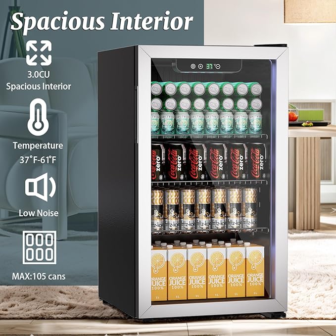 Compact 105 Can/3.0 Cu.Ft Mini Fridge For Soda, Beer Or Wine, Portable Small Beverage Refrigerator With Digital Display&Removable Shelves &Reversible Glass Front Door For Office, Dorm, Bar