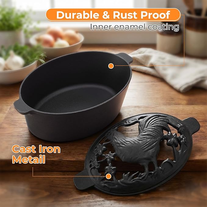 Wood Stove Steamer with Upgraded Handle, 2.5 Quart Wood Stove Humidifier with Decorative Chicken Pattern, Cast Iron with Porcelain, Fireplace Steamer Pot Steam Vaporizers