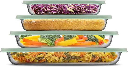 JoyJolt 8-Piece Borosilicate Glass Oven Dishes with Sage Green Lids, Rectangle Deep Glass Baking Dish Set, Baking Pans for Lasagna Casserole Cake, Bakeware Set, Freezer to Oven Tray to Dishwasher