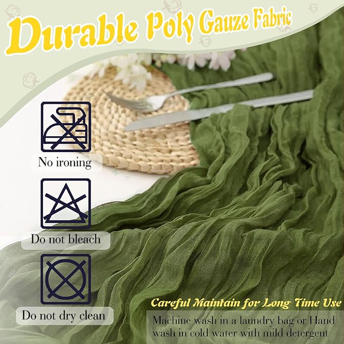 Olive Green Cheesecloth Table Runner 1 Pack 35" Boho Gauze 120 inches Long Runner Rustic Sheer Fabric Bulk for Baby Shower Wedding Bridal Birthday Party Table Decorations