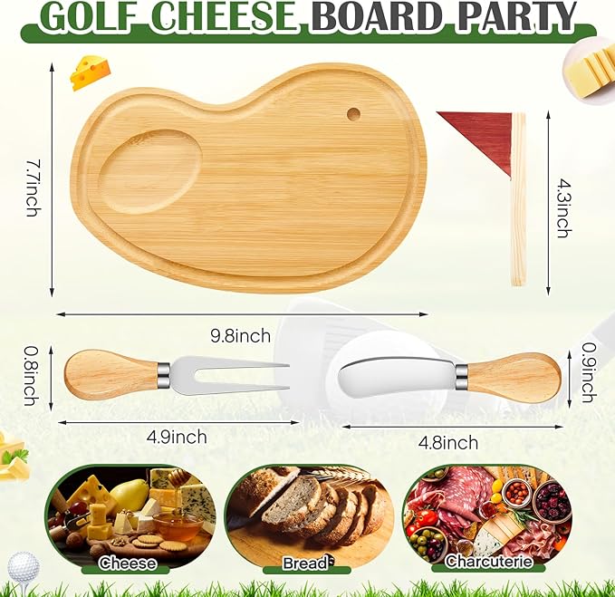 Ziliny Golf Cheese Board Gift Set Party Favor Prizes Charcuterie Wood Board with Knives and Box Father Day Gift for Dad Grandpa Party Tournament Game (9.8" x 7.7", Bamboo Color)