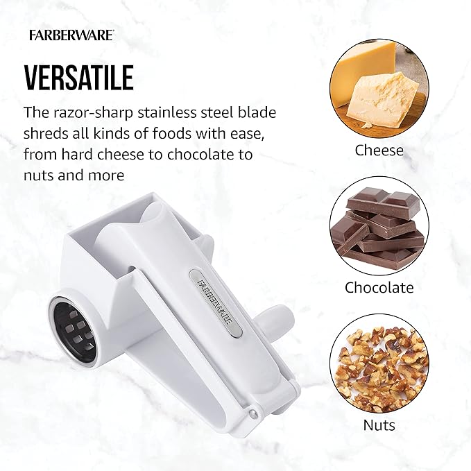 Farberware Professional Rotary Grater with Fine Etched Stainless Steel Drum, 4.33x5.51x3.54 Inch, White