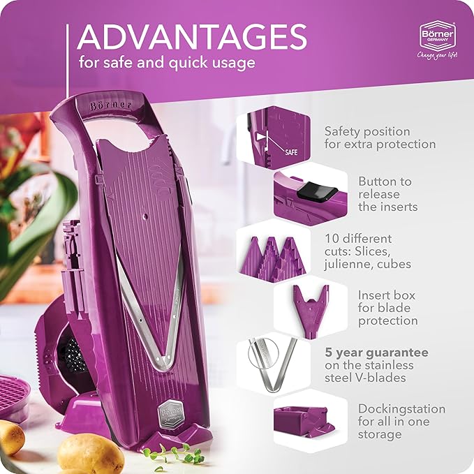 Börner V5 PowerLine Vegetable Cutter Professional Set (7 pcs.) • Vegetable Cutter (V-Planer) for Fruit & Vegetables + Accessories • 8 Cutting Types • Kitchen Planer Set