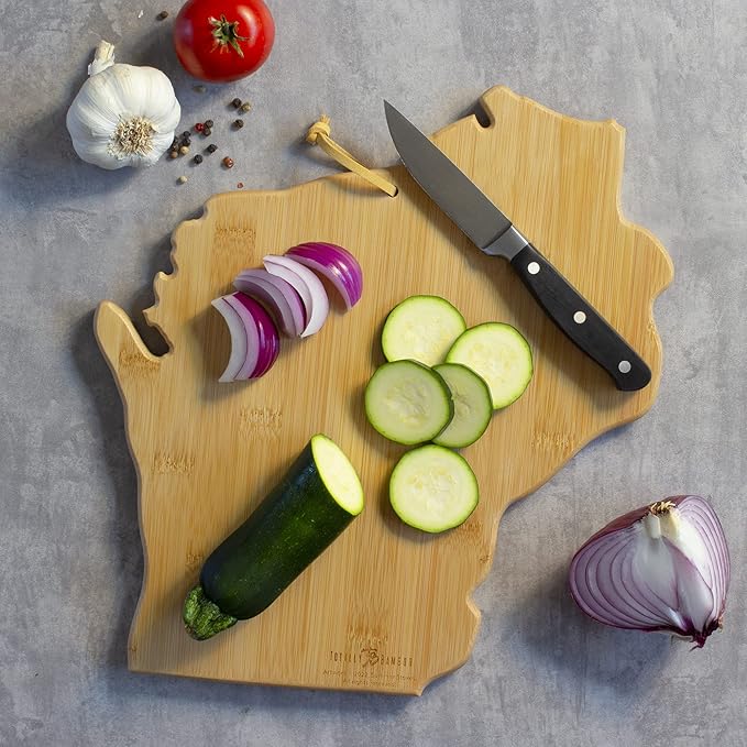 Totally Bamboo Wisconsin State Shaped Cutting Board and Charcuterie Serving Platter with Artwork by Summer Stokes, Includes Hang Tie for Wall Display Varies