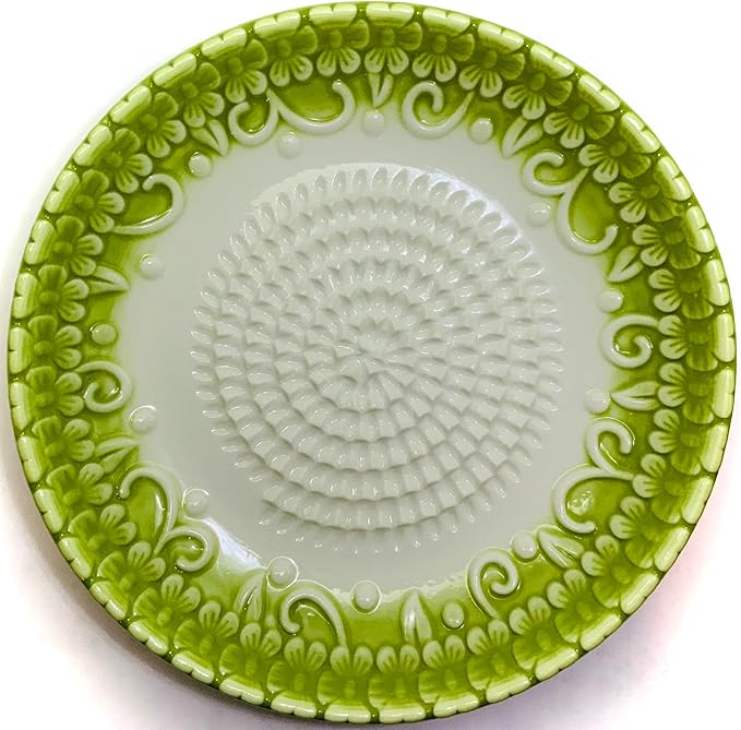 All-in-one Premium Ceramic Garlic Grater Plate 4-Piece Set - Green Embossed Design and Style - For Garlic, Ginger, Chocolate, and more! - Comes with 5.25" Plate, Peeler, Brush, and Stand