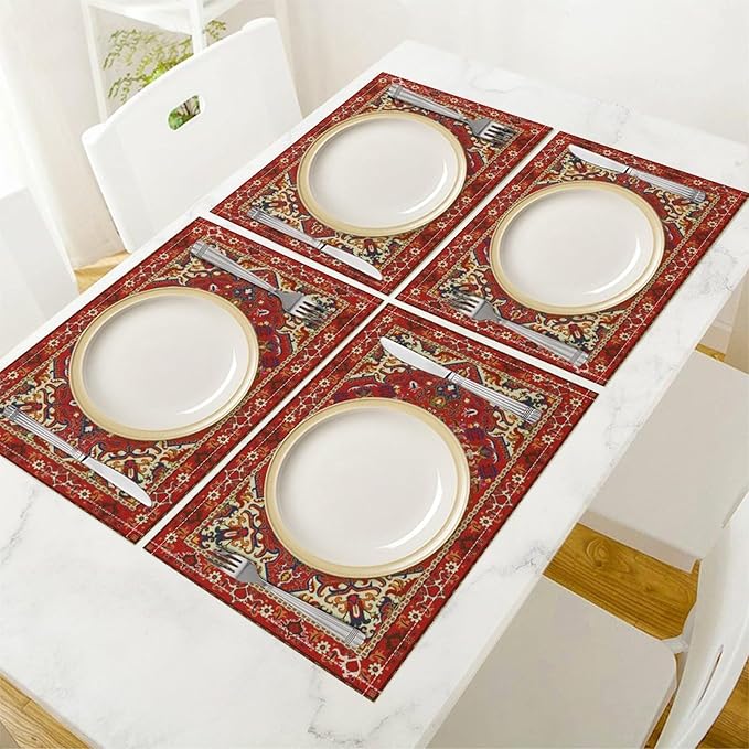 Boho Tribal Ethnic Placemats Rustic Farmhouse Retro Red Floral Art Printed Dining Table Mats Set of 4 for Restaurant Home Kitchen Holiday Picnic Party Decor 12x18in