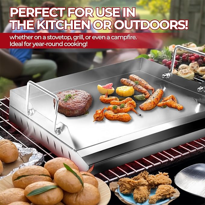 Universal Griddle for Gas Grill, 17" x 13" x 2.6" | Stainless Steel Griddle Pan for Breakfast & BBQ, Nonstick Flat-Top with Even Heat Distribution & Grease Groove - Ideal for Outdoor Cooking & Camping