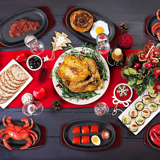 6 Pieces Oval Cast Iron Fajita Skillet Pan Set Small Sizzling Steak Plate with Wooden Base and Handle Cast Iron Fajita Skillet Sizzling Plate for Home Restaurant Barbecue Wedding Valentine's Day
