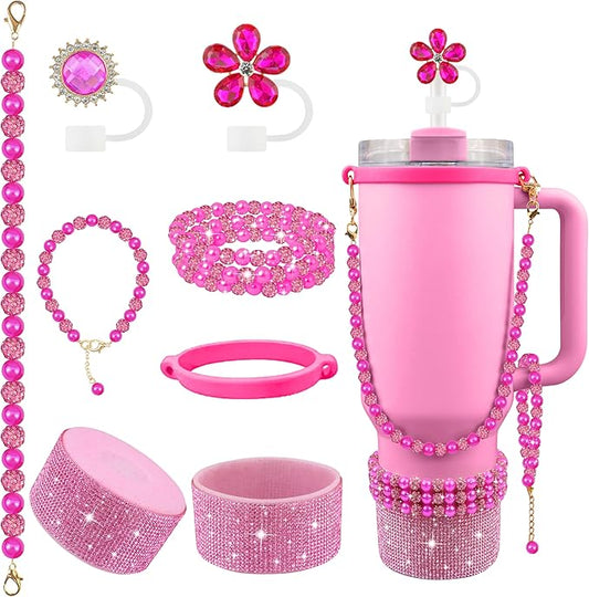 9PCS Hot Pink of Stanley Cup Accessories Set 30/40 OZ Bling Pearl Rhinestones Charms for Stanley Decorations Tumbler Accessories Including Flower Straw Topper, Rhinestones Boot 30/40 OZ