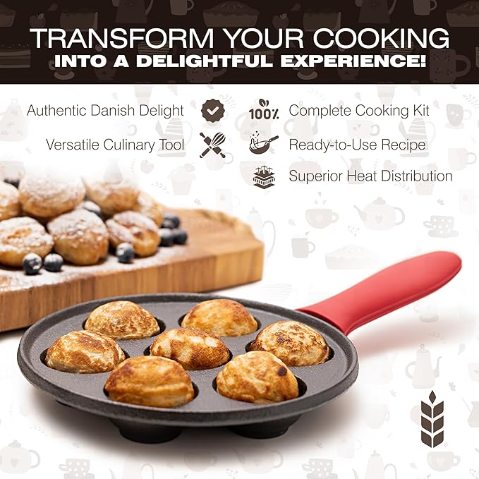 KUHA Cast Iron Aebleskiver Pan – Authentic Danish Pancake Maker for Aebleskiver, Poffertjes, Takoyaki, Appam, Kuli Paniyaram – Pre-Seasoned Cast Iron for Gas & Electric Stovetops & Campfire