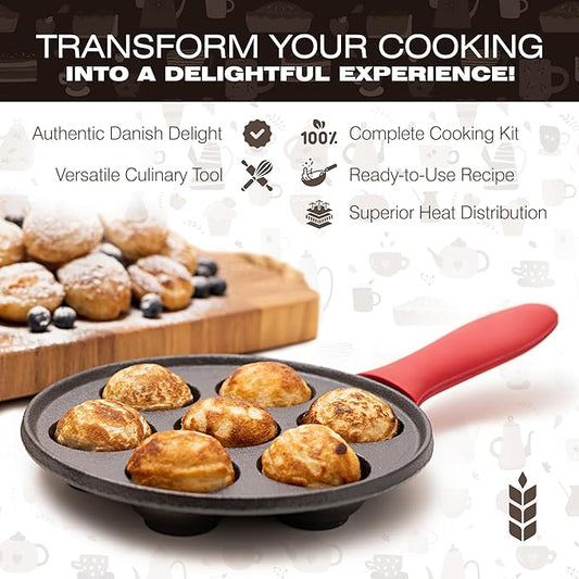 KUHA Cast Iron Aebleskiver Pan – Authentic Danish Pancake Maker for Aebleskiver, Poffertjes, Takoyaki, Appam, Kuli Paniyaram – Pre-Seasoned Cast Iron for Gas & Electric Stovetops & Campfire