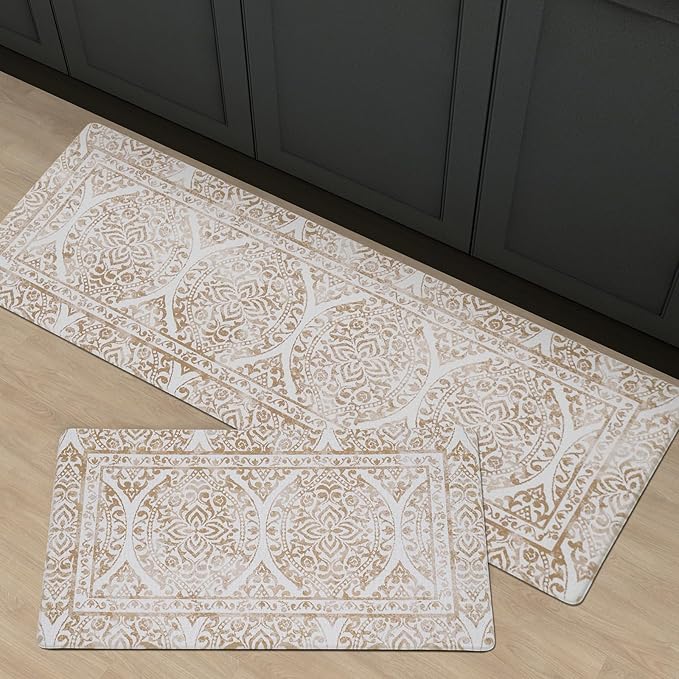 FRESHMINT 2 Piece Set Boho Kitchen Mats for Floor Bohemian Distressed Anti Fatigue Kitchen Rugs Vintage Farmhouse Cushioned Kitchen Runners for Standing Waterproof & Non-Skid Comfort, Khaki Tan