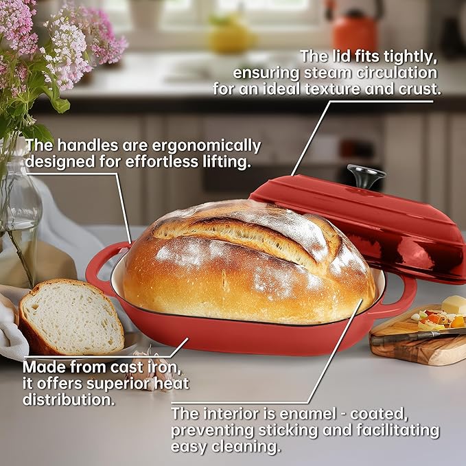 Fijxzct Premium Enameled Cast Iron Dutch Oven for Bread Baking | Non-Stick 5QT Oval Bread Oven with Lid | Perfect for Sourdough, Loaf, and Artisan Baking (Oval Red, 5 QT)