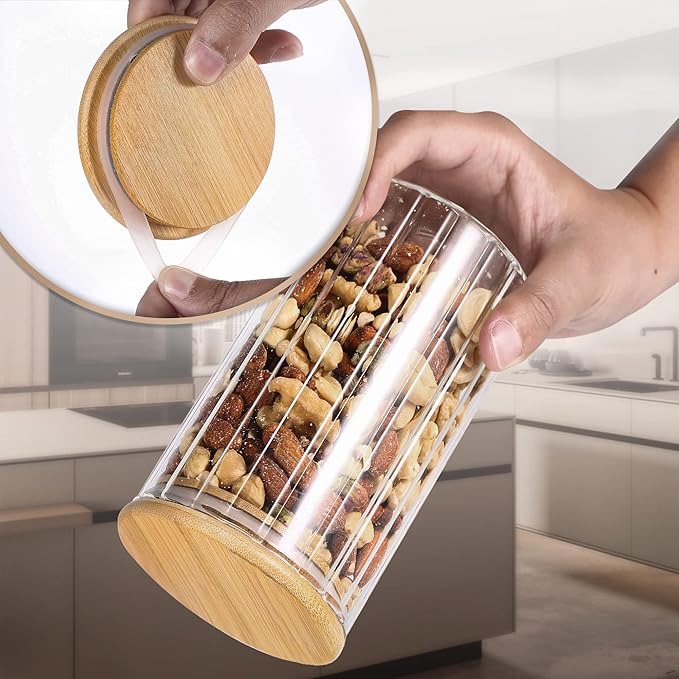 25 FL OZ Airtight Glass Jars with Bamboo Spoons Lids Overnight Oats Container Decorative Coffee Bar Food Storage Jar Cereal Nuts Salts Coffee Tea Flour Sugar Container Spice Jars