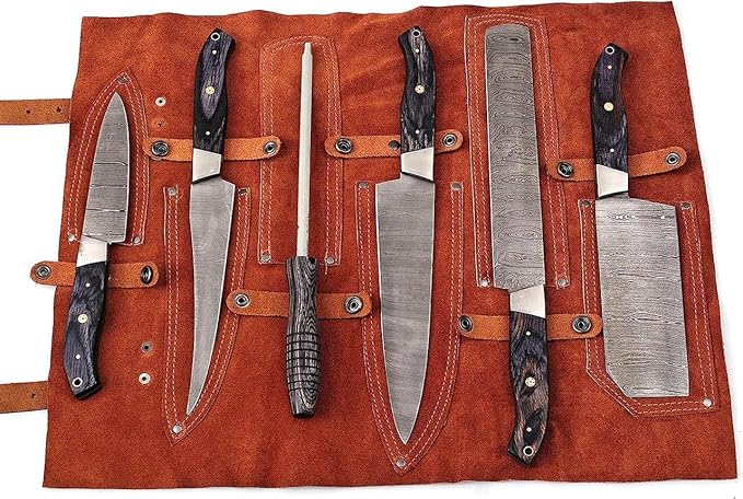 Custom Made Damascus Steel #6 Pcs of Professional Utility Kitchen knives Set Comes with Sweet Leather Roll Kit (3712) (Black Pakkawood)