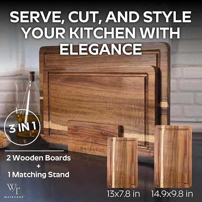 WATEGOOS 2 Pack Acacia Wood Cutting Board for Kitchen Meal Prep & Serving - Large & Small Chopping Boards Set with Juice Grooves - Charcuterie & Chopping Butcher Block - Eco-Friendly Wood for Gift
