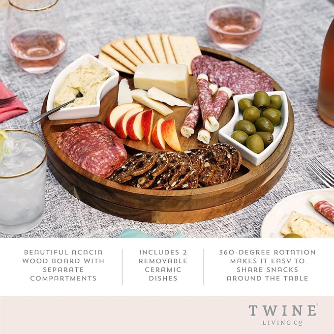 Twine Rotating Wood Serving Board - Round Charcuterie Board - Lazy Susan Wooden Cheese Board Set with Ceramic Dishes - Set of 1