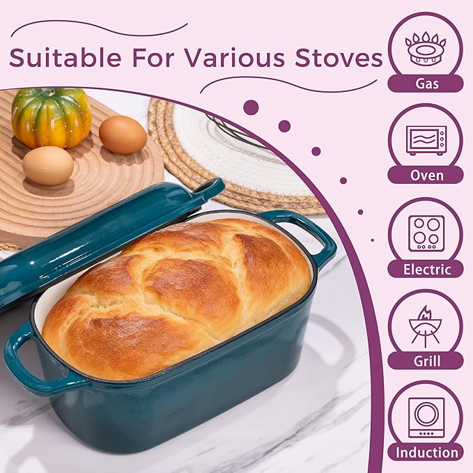 Vanderlume 4.6-Quart Oval Bread Dutch Oven, Enameled Cast Iron Bread Oven for Sourdough, Sourdough Bread Pan for Baking Artisan Loaves with Crispy Crust, Teal