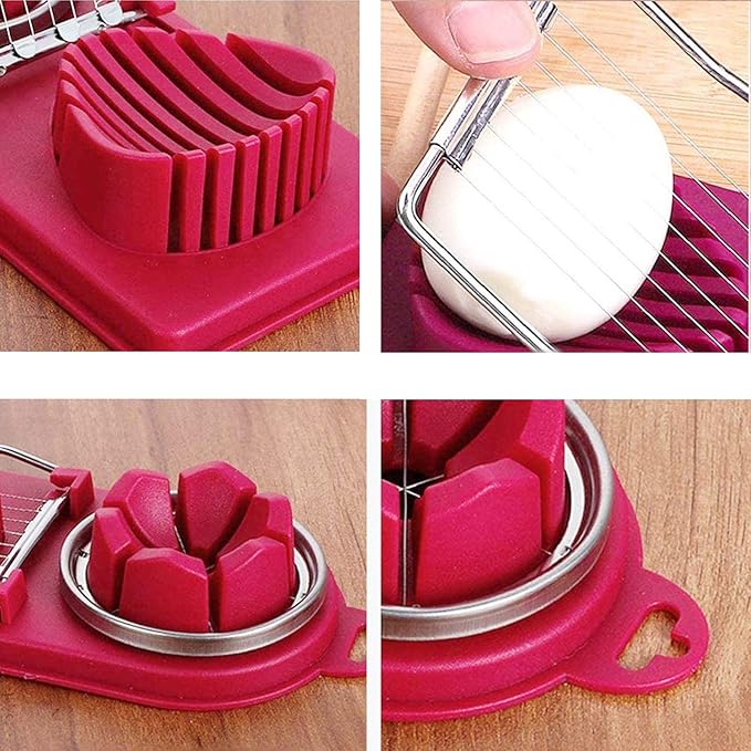 Egg Cutter Fruit Slicer Boiled-Eggs - Strawberry Stainless Steel Cutting Wires Kitchen Egg Slicers 2 in 1 (red)