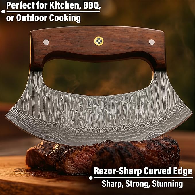Handmade Ulu Knife – Full Tang Damascus steel Alaskan ulu with Sheath & Gift Box, Mezzaluna Rocker Knife & Pizza Cutter for Kitchen, Camping & BBQ, Birthday Gifts for Men