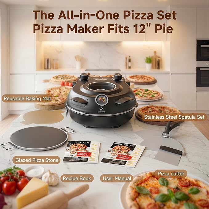 SENSCHEF 12-Inch CrustyBake Beginner's Black Glazed Stone Pizza Oven: Quick 800°F Heating, Easy-Clean Design, Recipe Book & All Tools Included - Perfect for First-Time Pizza Makers at Home