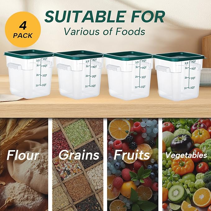 STEELUS 4 Pack Food Storage Containers, 4 Quart with Lids, Square Commercial Containers with Scale, Clear NSF Food Organizing, Polycarbonate