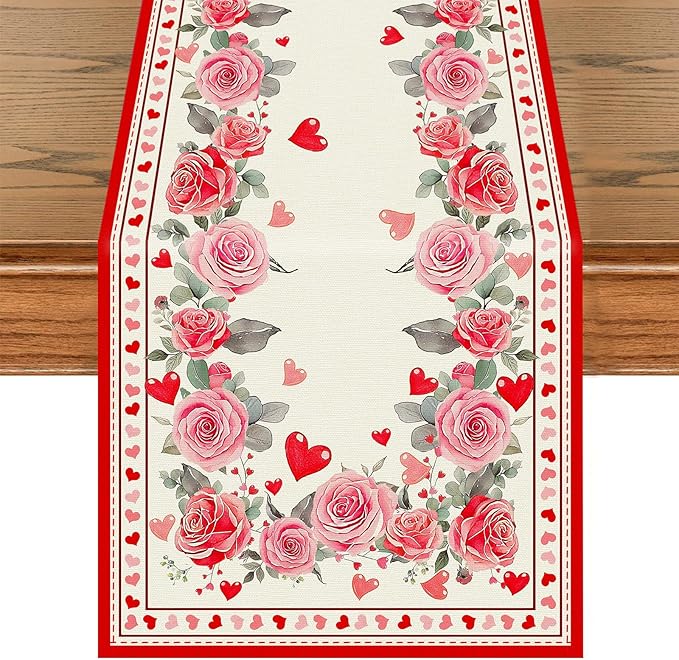 Valentine’s Day Rose Table Runner 13x72 Inch,Pink Red Love Heart Plant Spring Holiday Anniversary Table Decorations Farmhouse Kitchen Dinning Indoor Outdoor Home Party Decoration