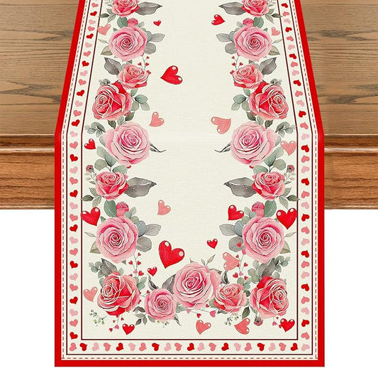 Valentine’s Day Rose Table Runner 13x72 Inch,Pink Red Love Heart Plant Spring Holiday Anniversary Table Decorations Farmhouse Kitchen Dinning Indoor Outdoor Home Party Decoration