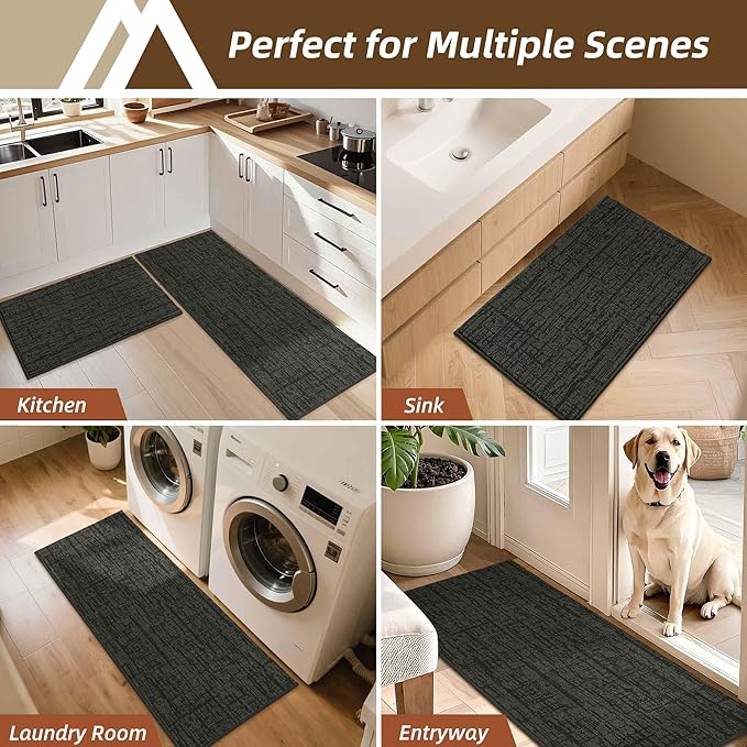 COSY HOMEER Kitchen Rugs Non Slip Washable 24"x36"+24"x60",Absorbent Soft Kitchen Mats for Floor,Polyester Kitchen Runner Rug Sets of 2,Kitchen Floor Mats for Sink Mat,Hallway,Laundry,Dark Grey