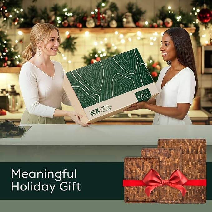 EZ FURNITURE Large (L) Teak Wood Premium Cutting & Serving Board, End Grain with Juice Groove & Handles, Knife Friendly for Chopping, Non-Toxic (20" x 15" x 1.5", 11.9 lbs)