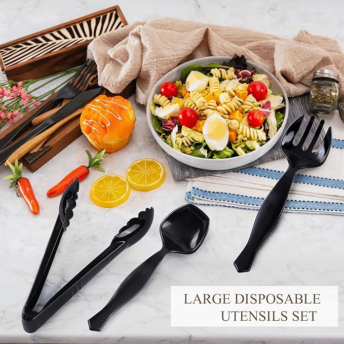 Mwellewm 72Pcs Plastic Serving Utensils Set 9'' Large Disposable Serving Spoons Forks and Tongs for Serving Food Heavy Duty Black Party Utensil Supplies for Buffet Restaurant Picnic Dinner Salad Soup