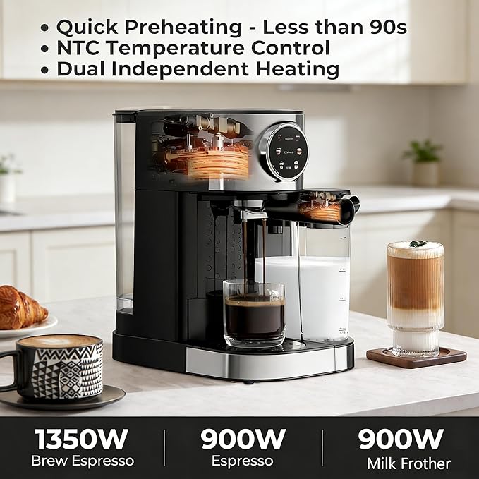 Electactic 20 Bar Professional Compact Espresso Cappuccino Machine with Touch Screen & Auto Milk Frother, Stainless Steel Coffee Maker for Cappuccino, Latte