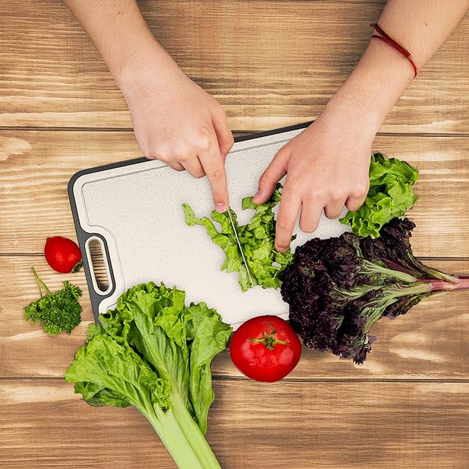 Titanium Cutting Board Double-Sided – Pure Titanium Surface Wheat Straw PP, Non-Slip Bas Juice Groove & Garlic Grinding Zone – Ultra Hygienic Chopping Board for Meat Vegetables & Fruits Easy to Clean