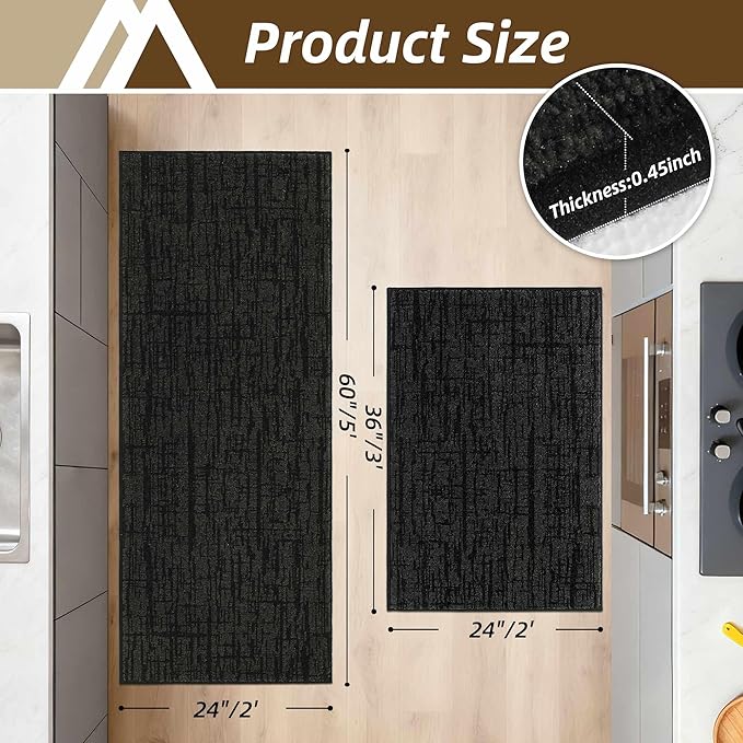 COSY HOMEER Kitchen Rugs Non Slip Washable 24"x36"+24"x60",Absorbent Soft Kitchen Mats for Floor,Polyester Kitchen Runner Rug Sets of 2,Kitchen Floor Mats for Sink Mat,Hallway,Laundry,Black