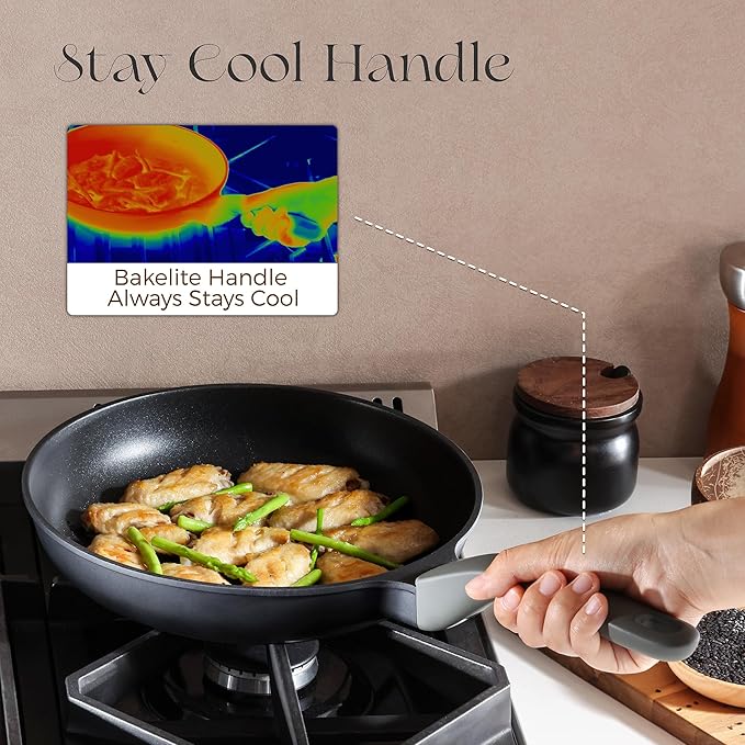 PRICUSIS 5Pcs Nonstick Frying Pan Set, 8+10+12 Inch Induction Compatible Skillet with Stay Cool Handle, Fully Coated, 100% Dishwasher Safe, PFOA Free (Black Sesame)