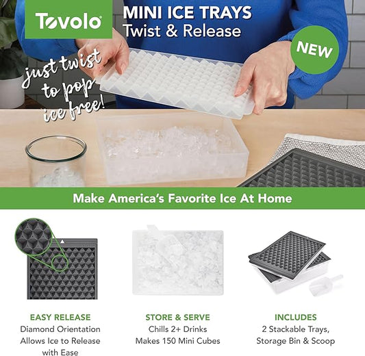 Tovolo Mini Ice Cube Tray Set with Twist and Release Mini Nugget Ice Cube Trays, BPA Free Silicone Mini Ice Tray with Storage Bin and Mini Scoop, Stackable Dishwasher Safe Mini Ice Cube Trays