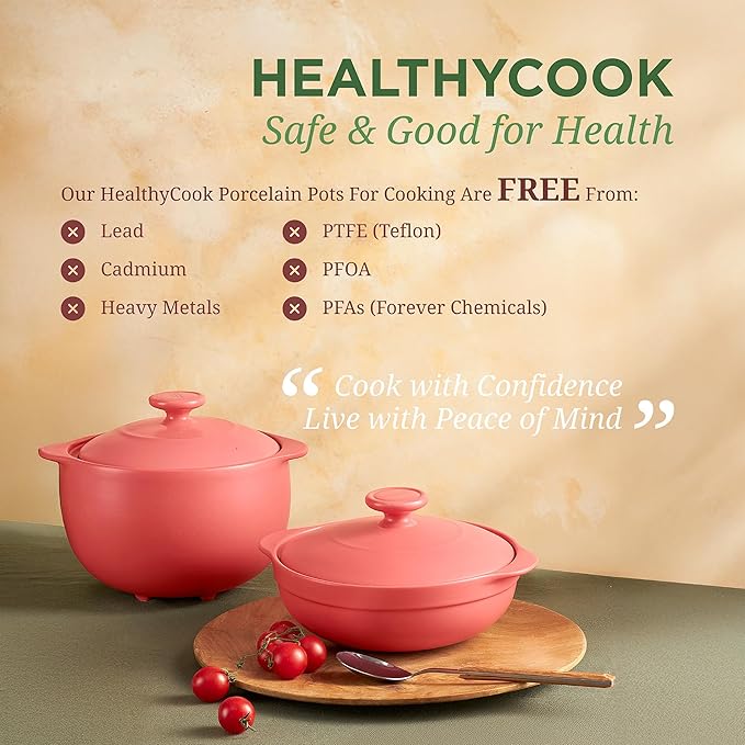 MINH LONG 2-Qt Porcelain Dutch Oven with Lid – Lead & Cadmium Free, Oven Safe to 482°F, Heat Retention, Clay Pot for Cooking on Gas & Infrared Cooktop, Use to Marinate, Cook, Bake, Refrigerate & Serve